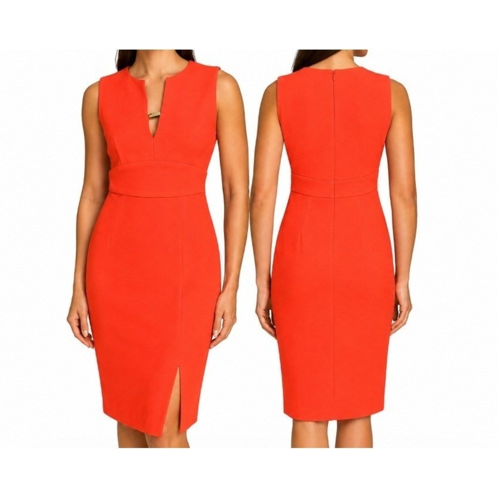 Donna Karan NY Womens 14 Orange Twist‎ Hardware V Neck Sleeveless Scuba Dress